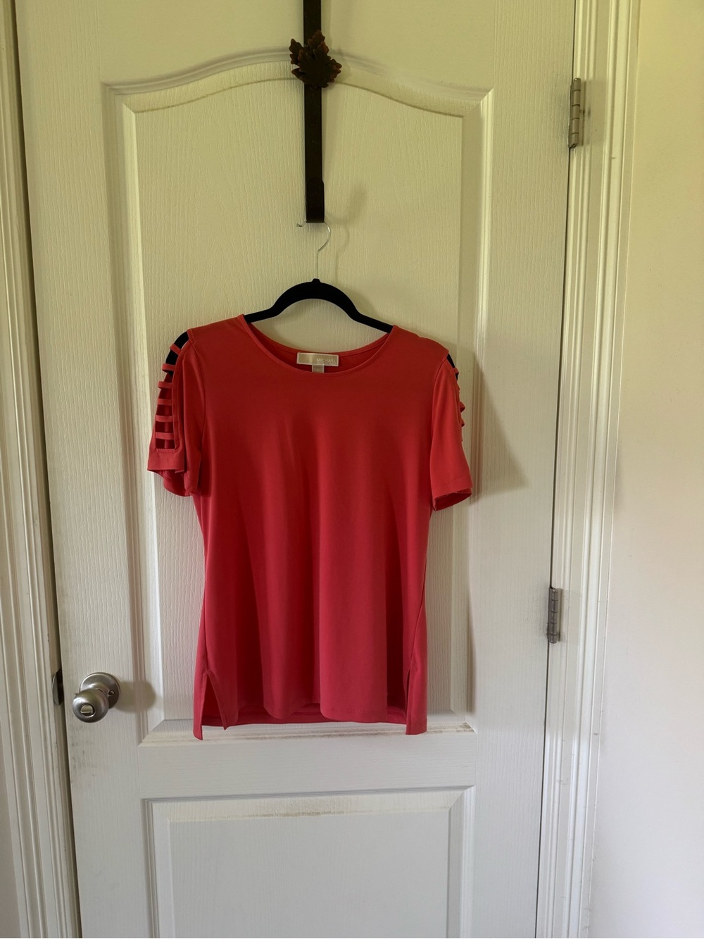 Michael Kors Coral Short Sleeve Top with Ladder Sleeve Accents